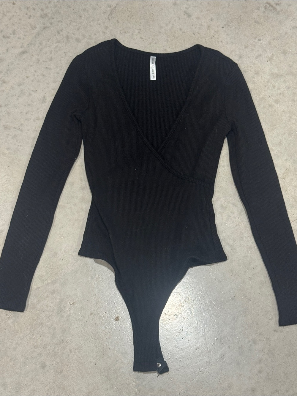 Casual Ribbed Wrap-Front Black Bodysuit